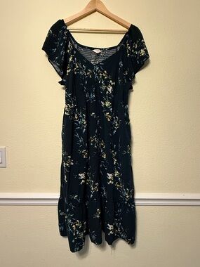 Terra & Sky Dark Green Floral Midi Dress with Flutter Sleeves